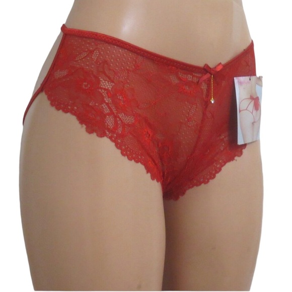 NWT SEVEN ‘TIL MIDNIGHT Lace Front Panty w Strappy Back & Satin Ribbon Bow Red S - Picture 3 of 7